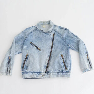 Vintage 80's Silver Denim Acid Wash Zip Up Biker Style Jacket  Size Medium